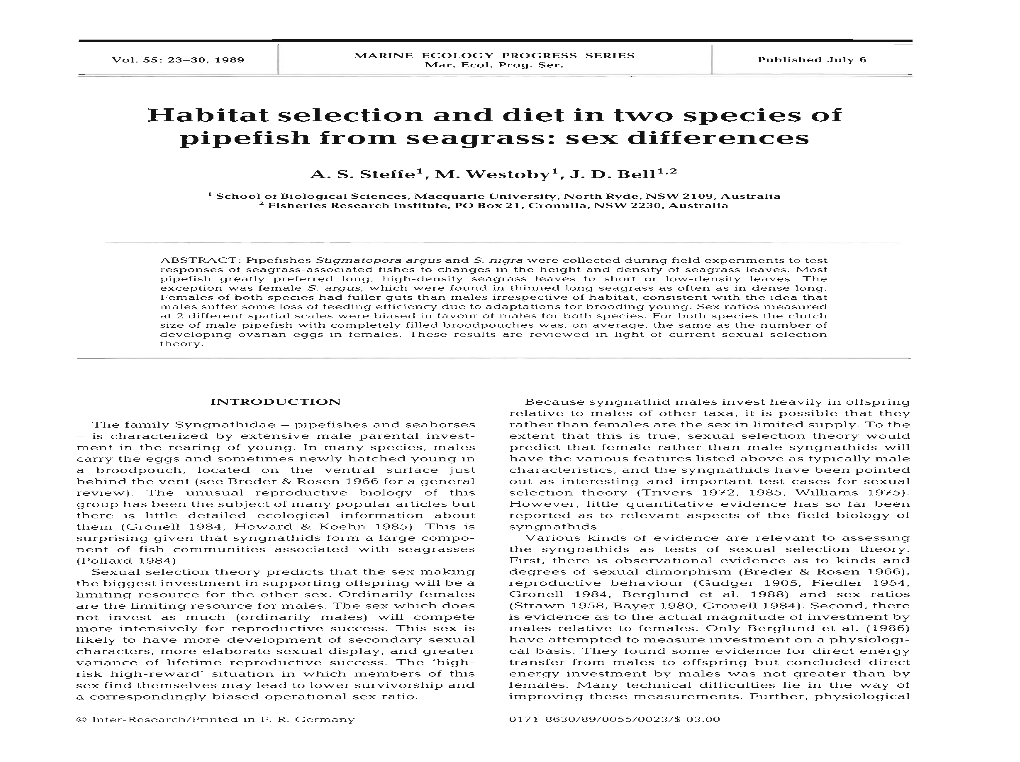 Habitat Selection and Diet in Two Species of Pipefish from Seagrass: Sex Differences