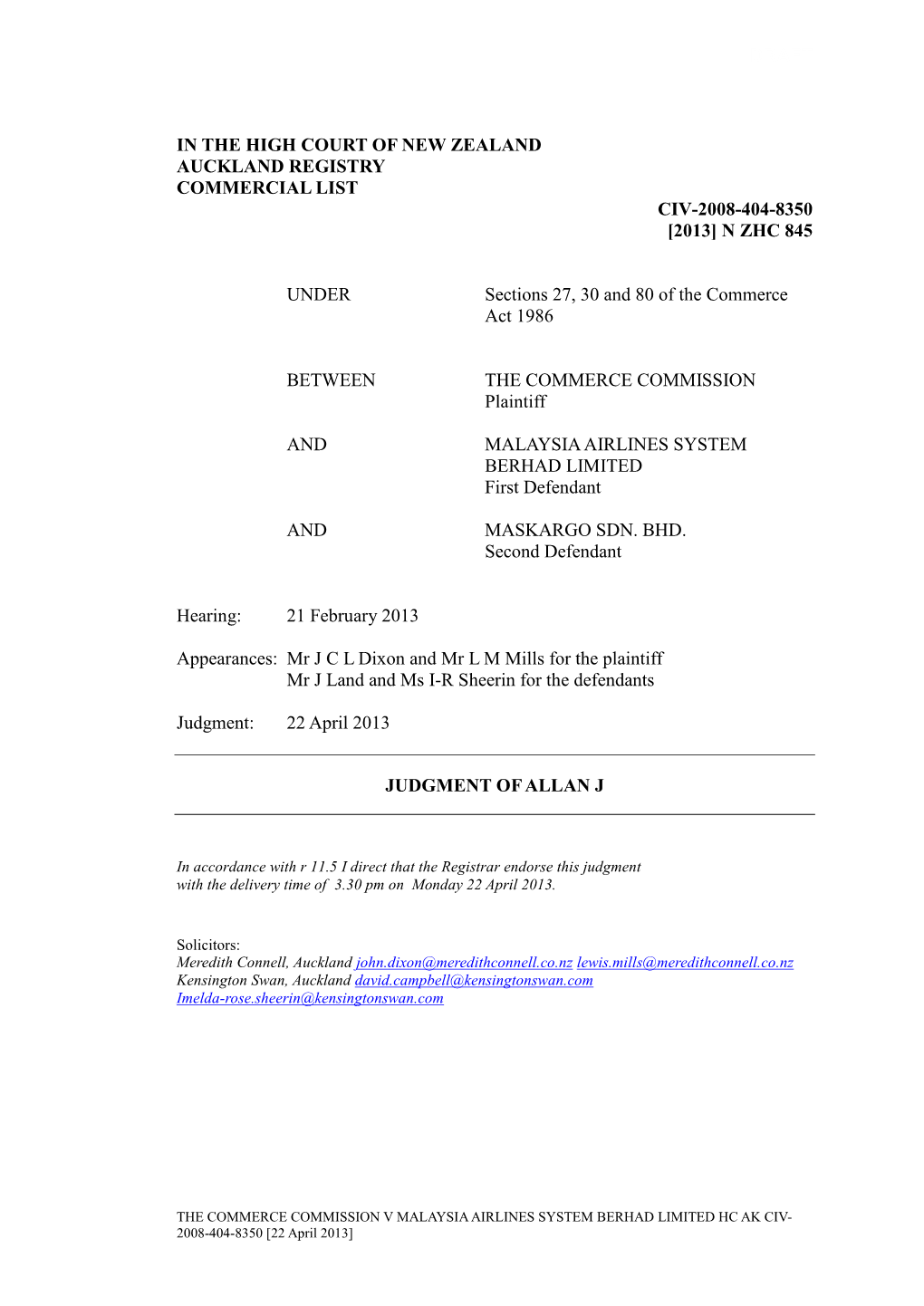 DRAFT in the HIGH COURT of NEW ZEALAND AUCKLAND REGISTRY COMMERCIAL LIST CIV-2008-404-8350 [2013] N ZHC 845 UNDER Sections 27, 3