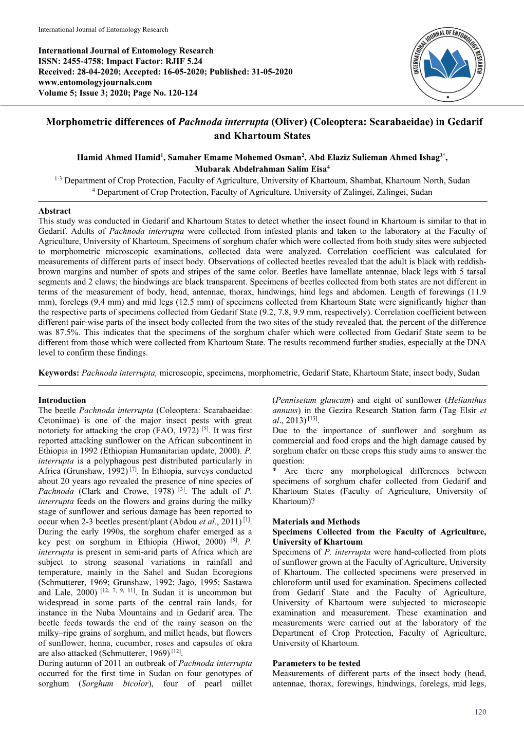 Morphometric Differences of Pachnoda Interrupta (Oliver) (Coleoptera: Scarabaeidae) in Gedarif and Khartoum States