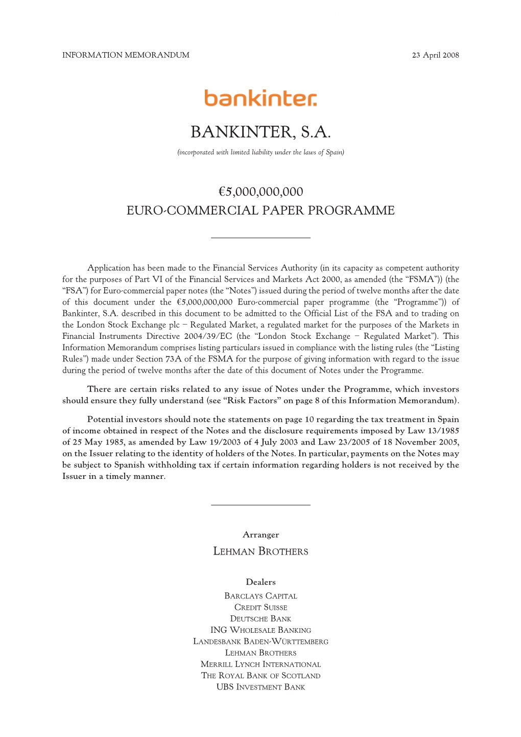 BANKINTER, S.A. (Incorporated with Limited Liability Under the Laws of Spain)