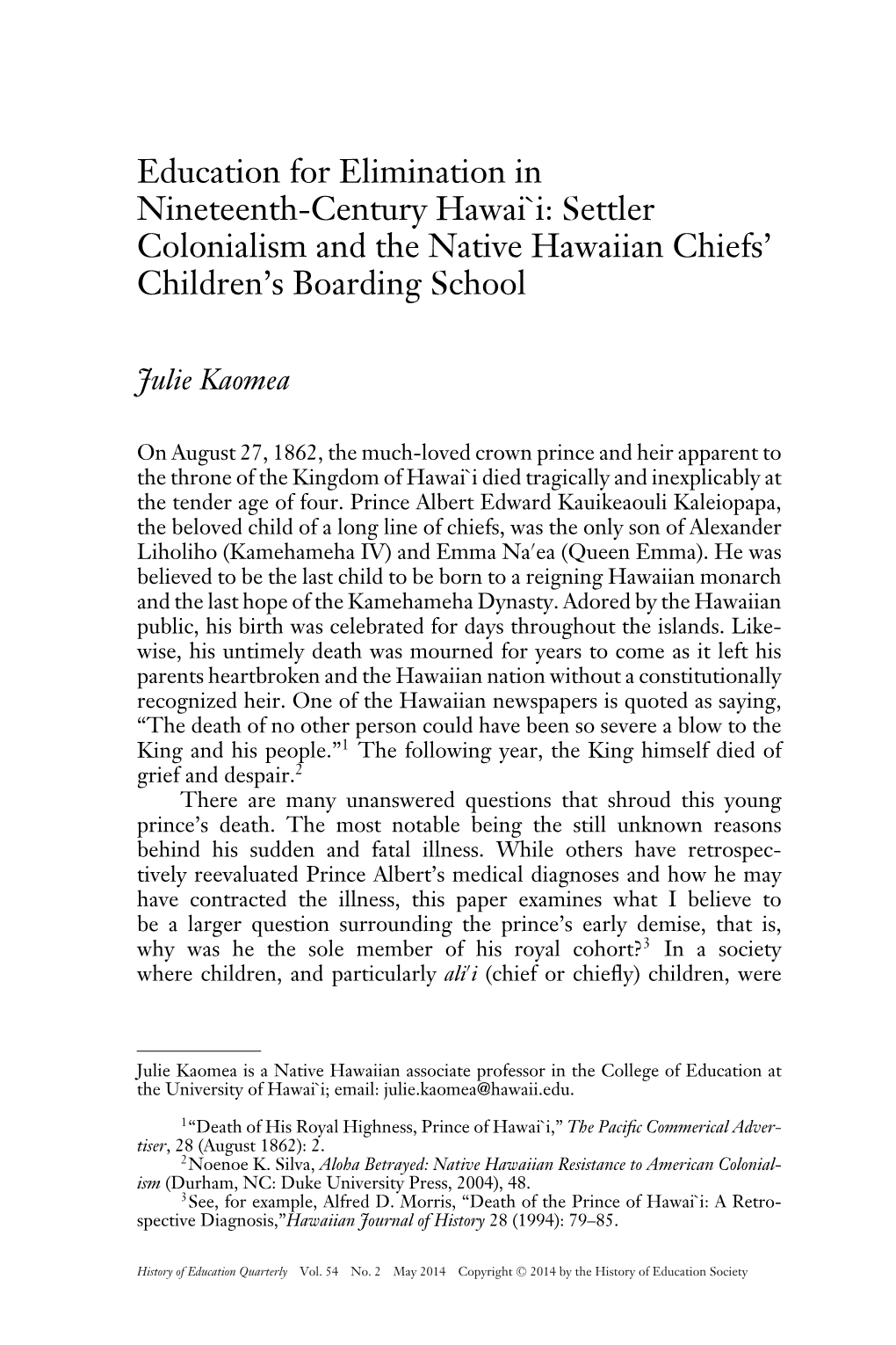 Education for Elimination in Nineteenth-Century Hawai`I: Settler Colonialism and the Native Hawaiian Chiefs’ Children’S Boarding School