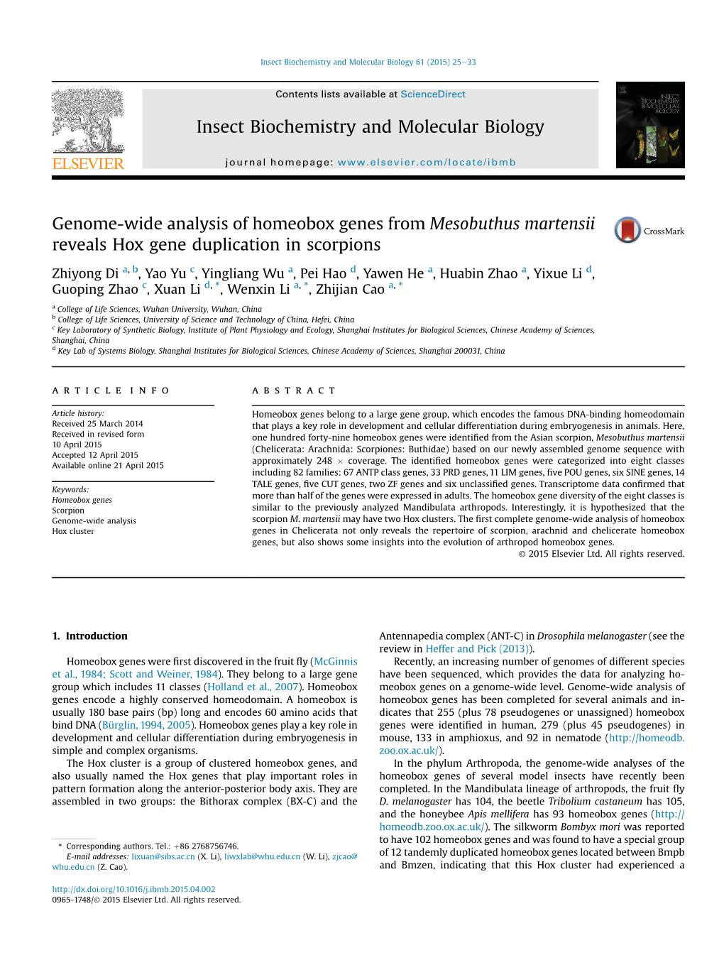 Genome-Wide Analysis of Homeobox Genes from Mesobuthus Martensii Reveals Hox Gene Duplication in Scorpions Insect Biochemistry A