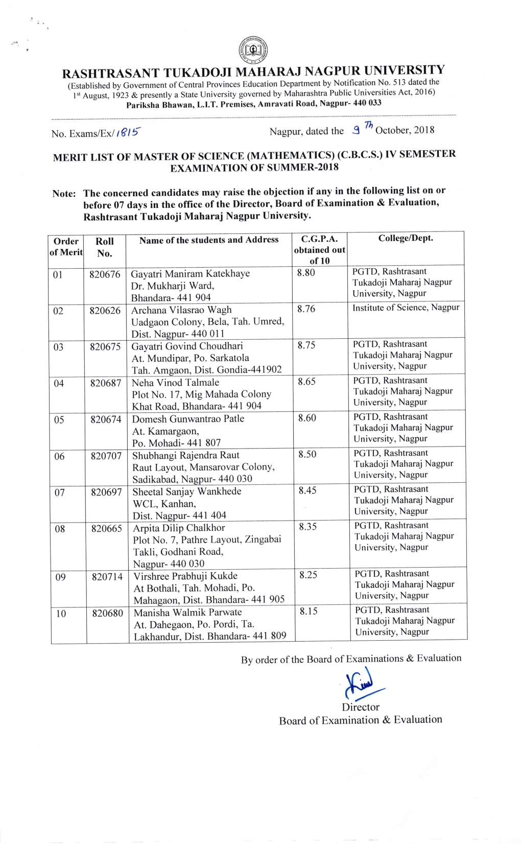 RASHTRASANT TUKADOJI MAHARAJ NAGPUR UNIVERSITY (Established by Government of Central Provinces Education Department by Notification No