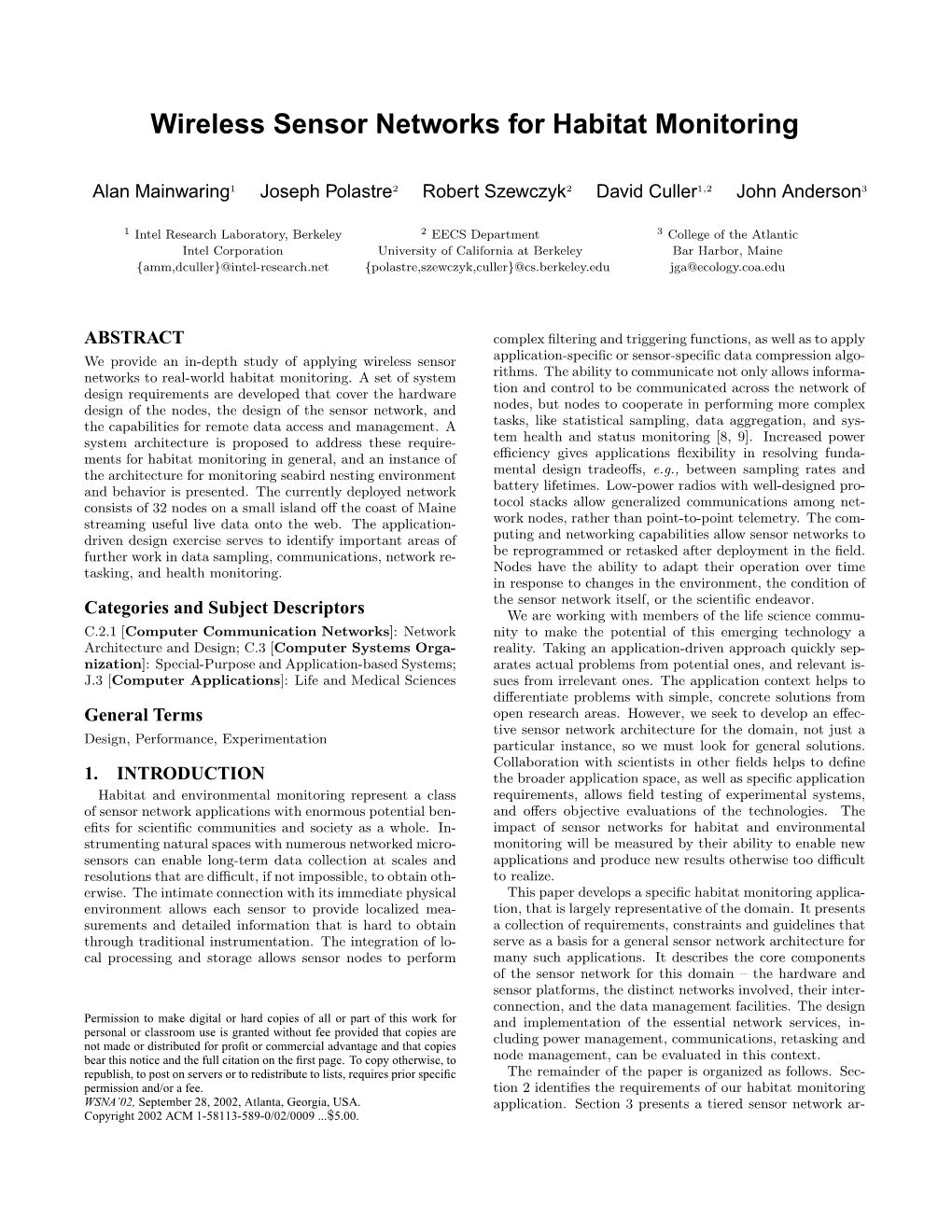 Wireless Sensor Networks for Habitat Monitoring