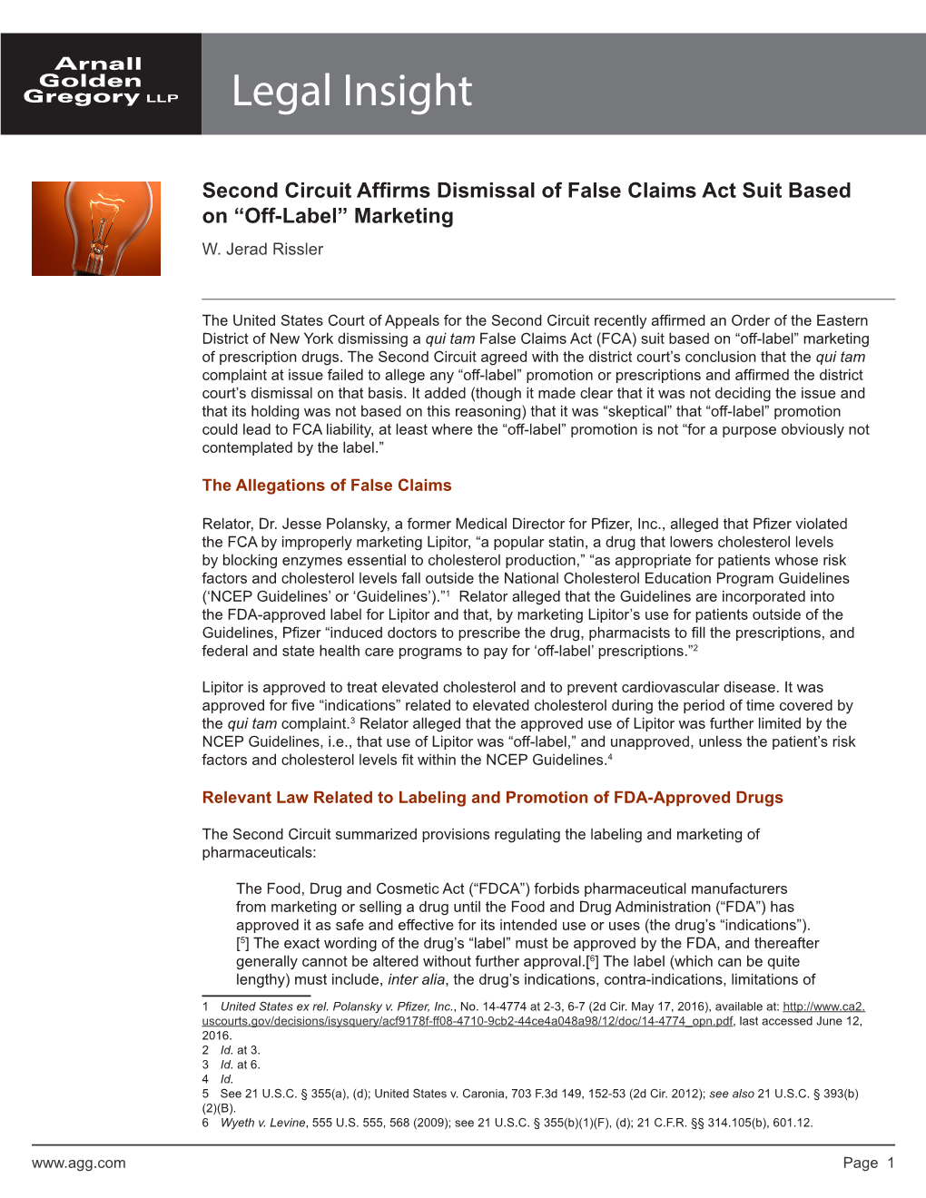 Second Circuit Affirms Dismissal of False Claims Act Suit Based on “Off-Label” Marketing W