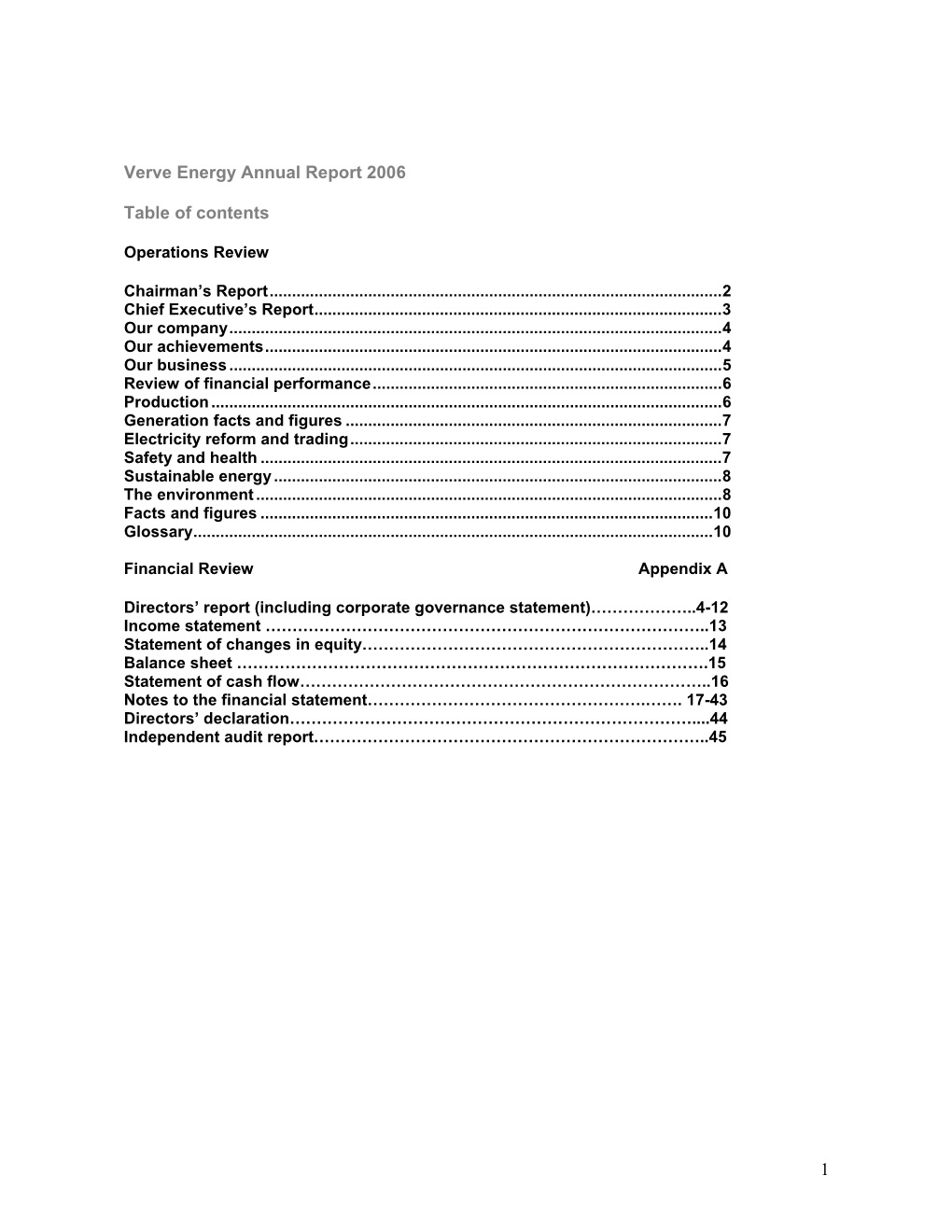 1 Verve Energy Annual Report 2006 Table of Contents