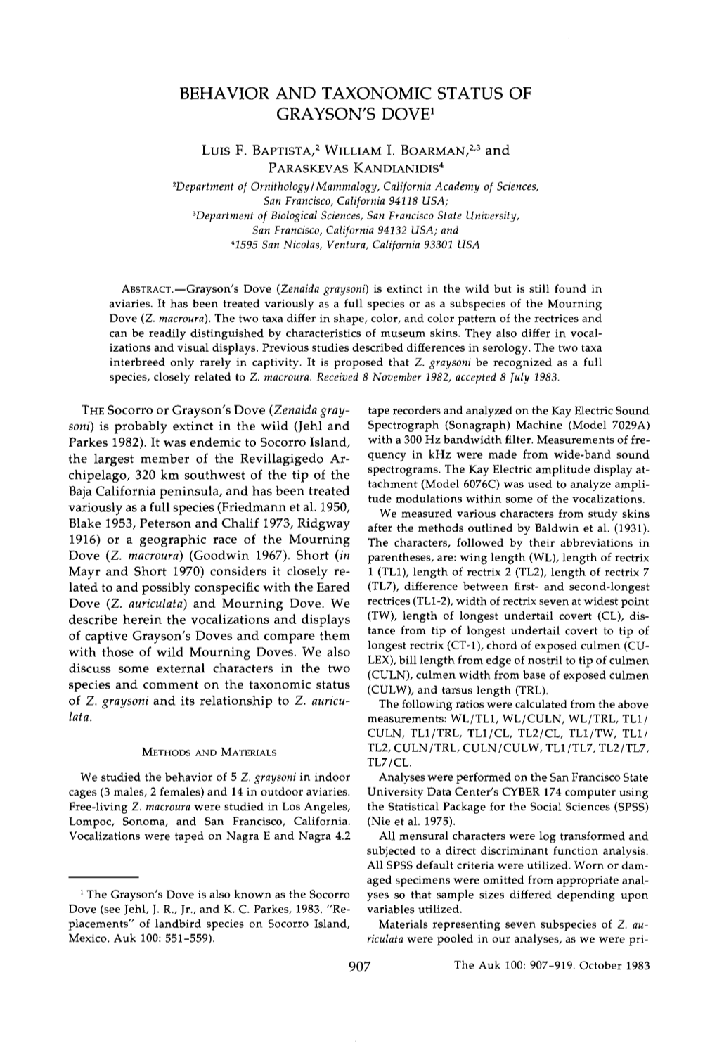 Behavior and Taxonomic Status of Grayson's Dove 1