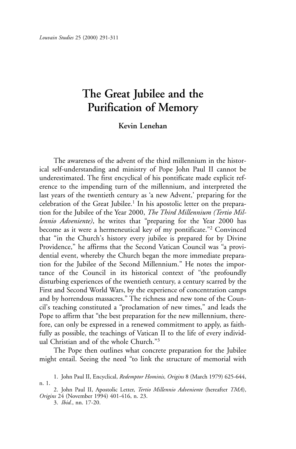 The Great Jubilee and the Purification of Memory Kevin Lenehan