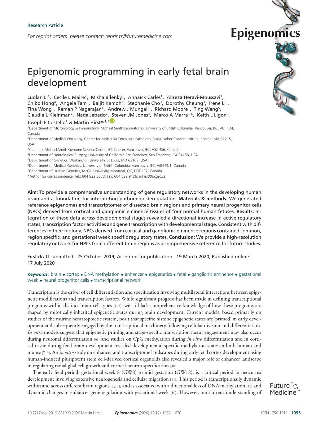 Epigenomic Programming in Early Fetal Brain Development