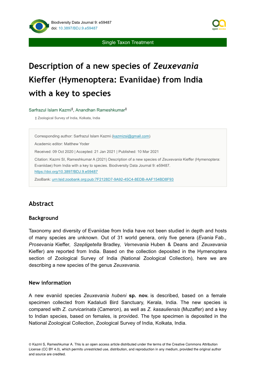 (Hymenoptera: Evaniidae) from India with a Key to Species