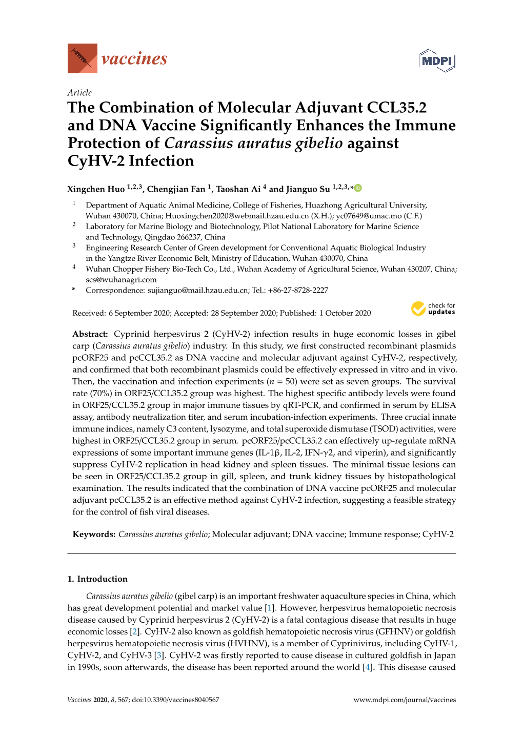 The Combination of Molecular Adjuvant CCL35.2 and DNA Vaccine Signiﬁcantly Enhances the Immune Protection of Carassius Auratus Gibelio Against Cyhv-2 Infection