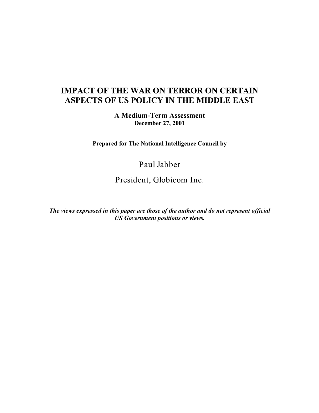 Impact of the War on Terror on Certain Aspects of Us Policy in the Middle East