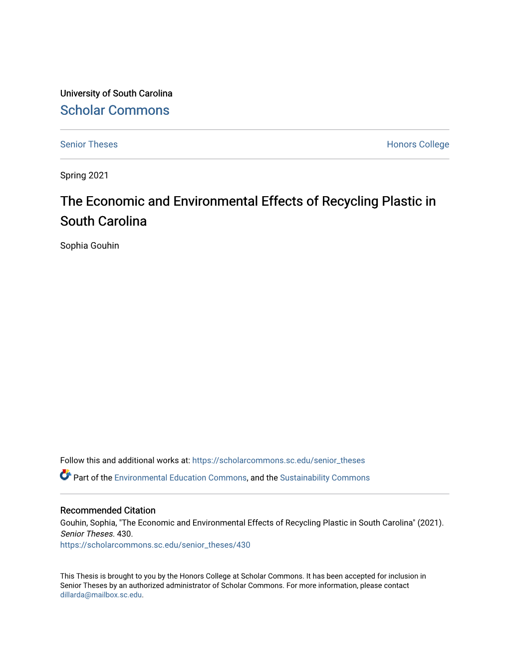 The Economic and Environmental Effects of Recycling Plastic in South Carolina