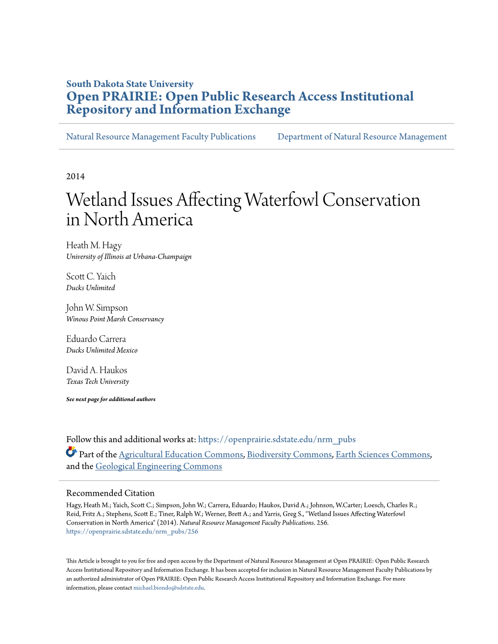 Wetland Issues Affecting Waterfowl Conservation in North America Heath M