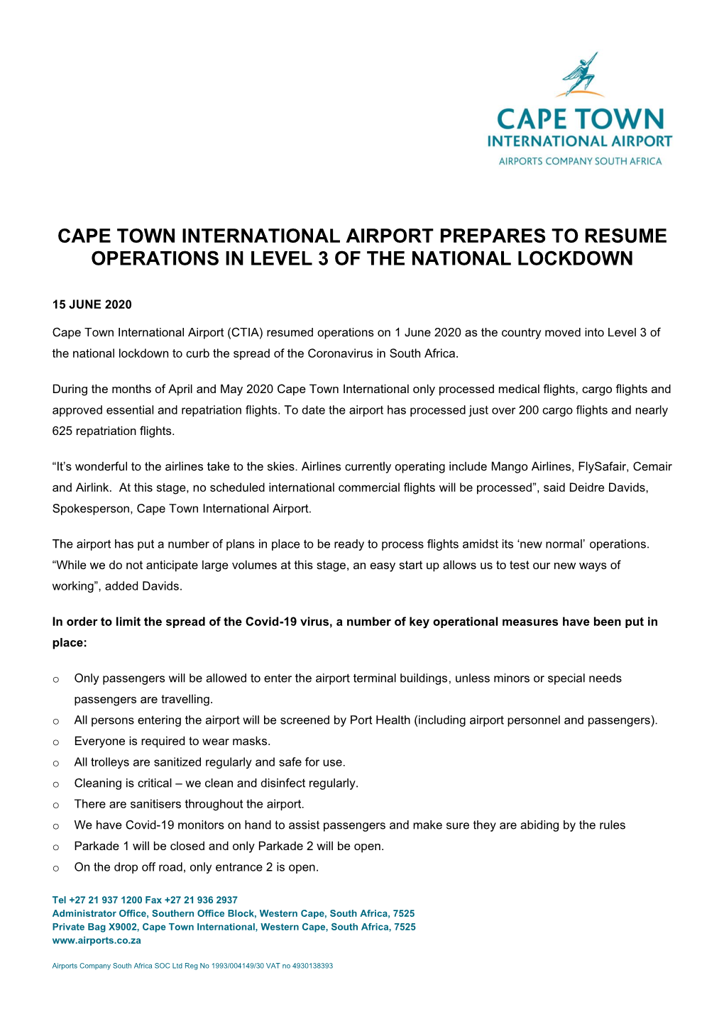 Cape Town International Airport Prepares to Resume Operations in Level 3 of the National Lockdown
