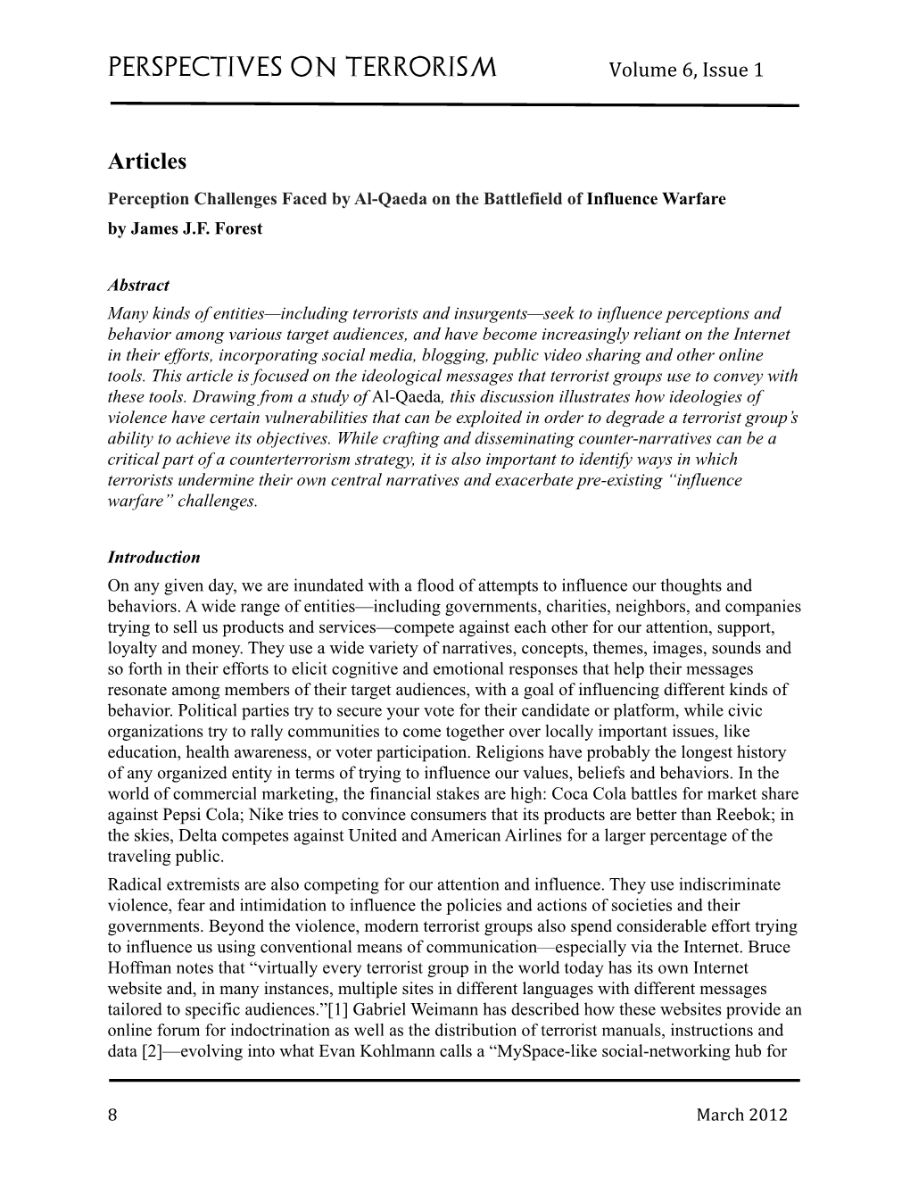 Articles Perception Challenges Faced by Al-Qaeda on the Battlefield of Influence Warfare by James J.F