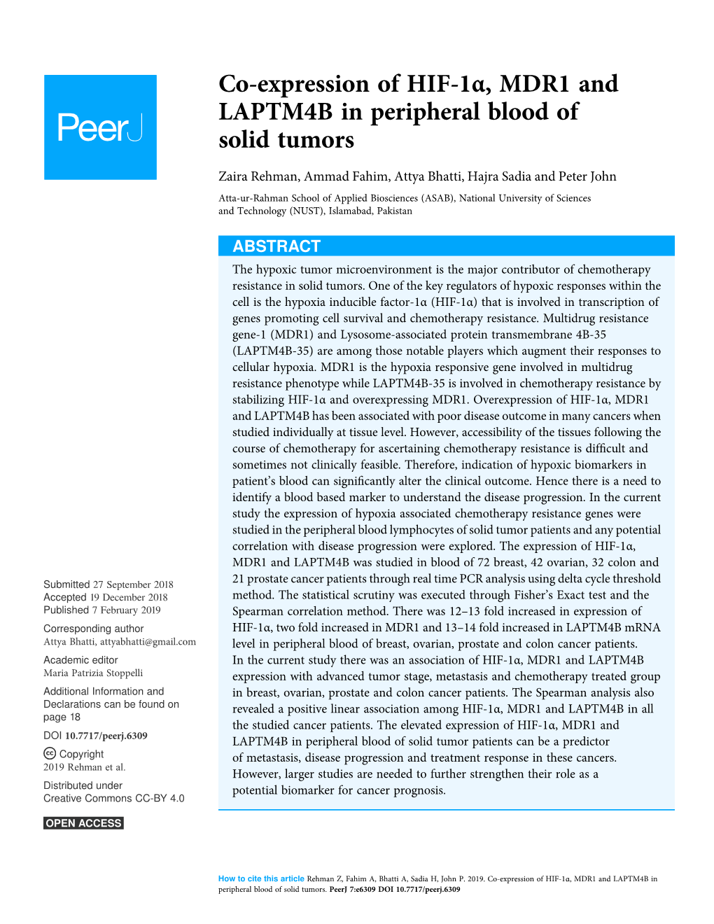 Co-Expression of HIF-1Α, MDR1 and LAPTM4B in Peripheral Blood of Solid Tumors