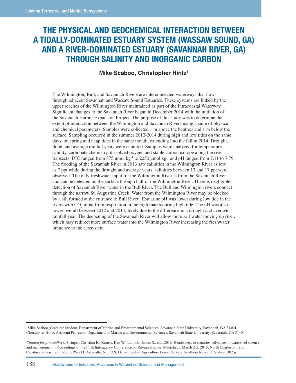 (Wassaw Sound, Ga) and a River-Dominated Estuary (Savannah River, Ga) Through Salinity and Inorganic Carbon