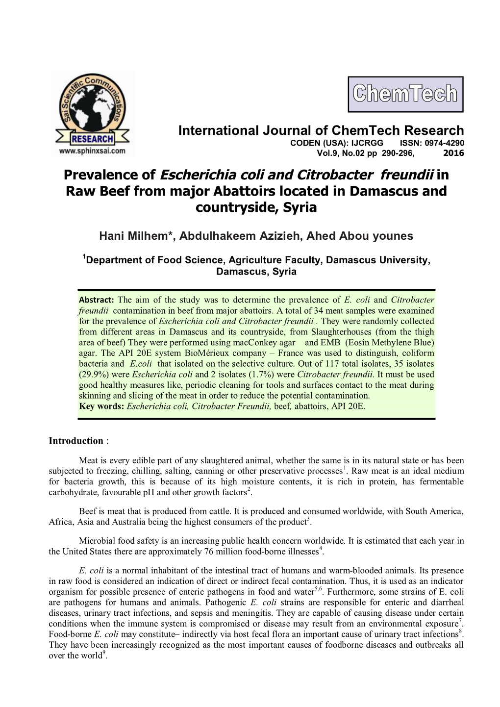 Prevalence of Escherichia Coli and Citrobacter Freundii in Raw Beef from Major Abattoirs Located in Damascus and Countryside, Syria