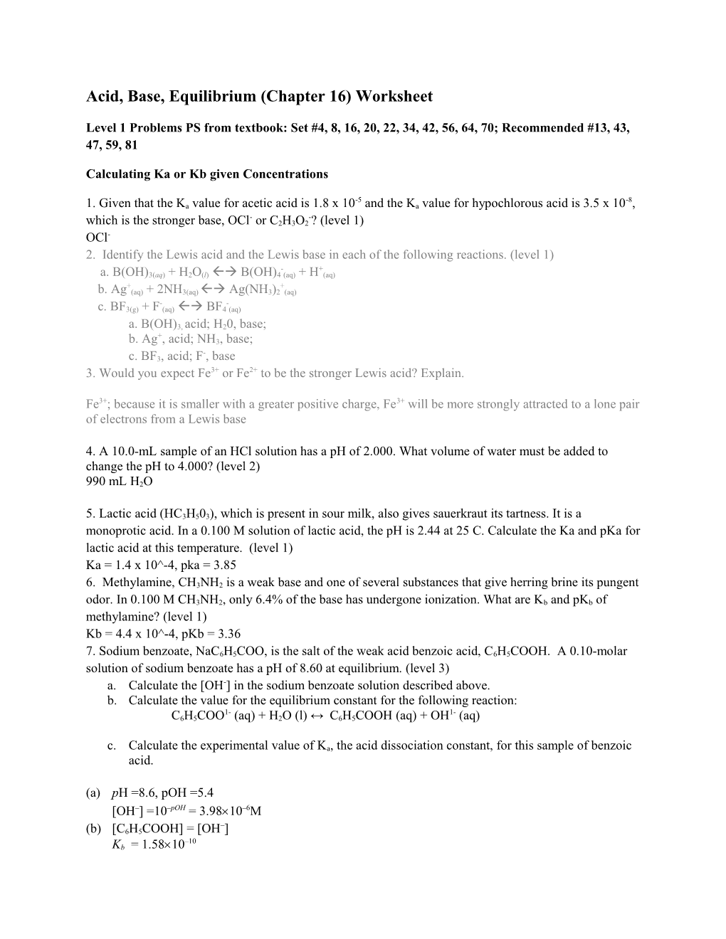 Acid, Base, Equilibrium (Chapter 16) Worksheet