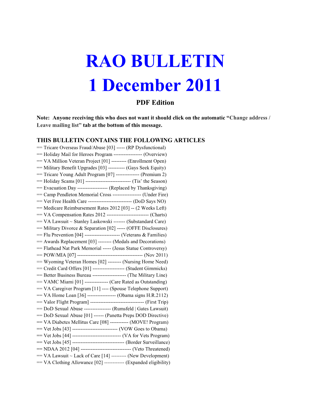 RAO BULLETIN 1 December 2011 PDF Edition