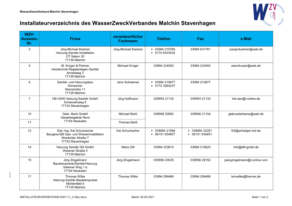 Installateurverzeichnis Des Wasserzweckverbandes Malchin Stavenhagen