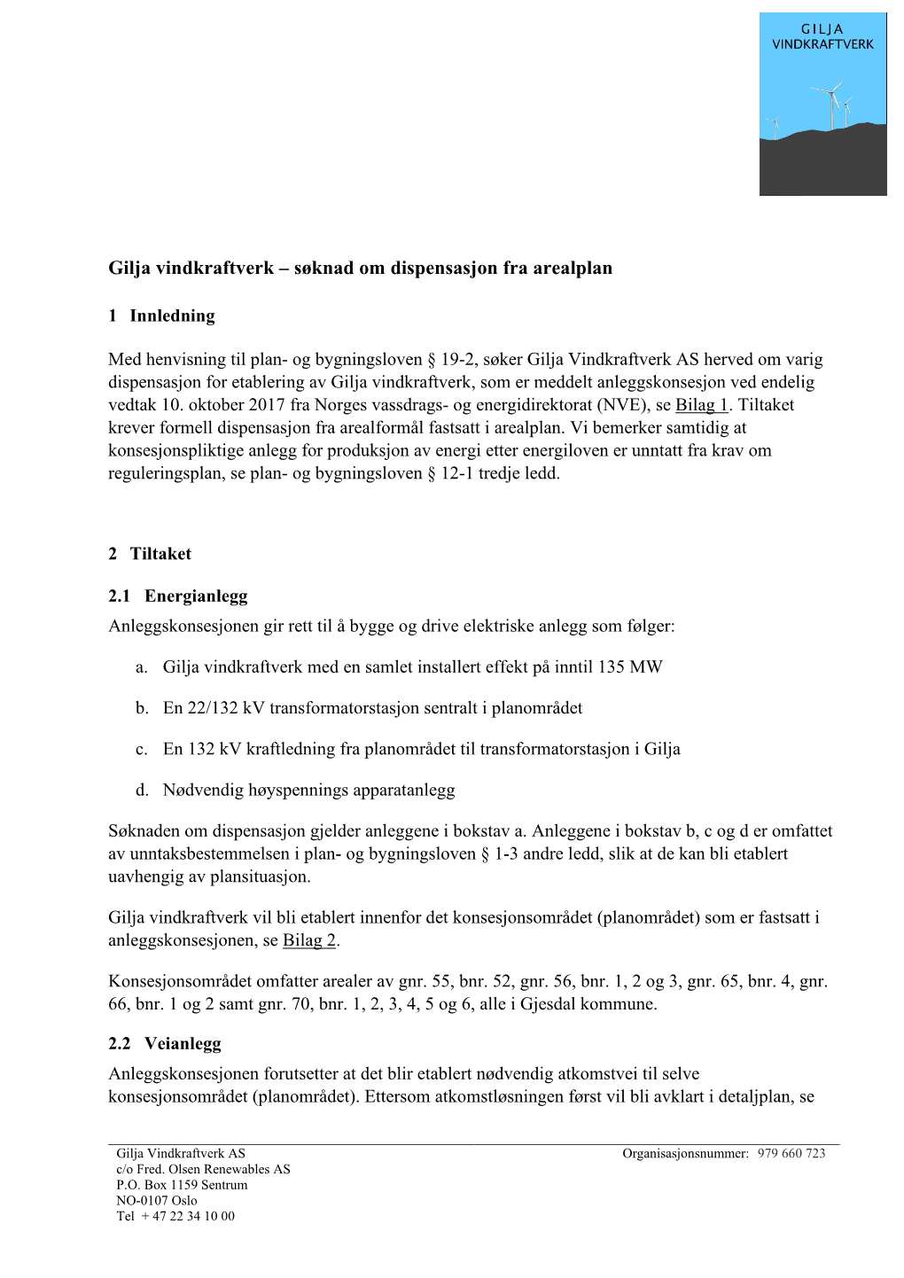 Gilja Vindkraftverk – Søknad Om Dispensasjon Fra Arealplan