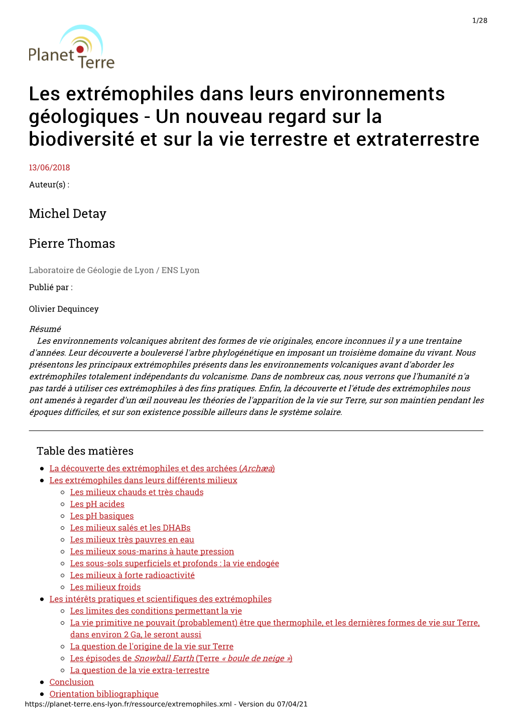 Les Extrémophiles Dans Leurs Environnements Géologiques - Un Nouveau Regard Sur La Biodiversité Et Sur La Vie Terrestre Et Extraterrestre