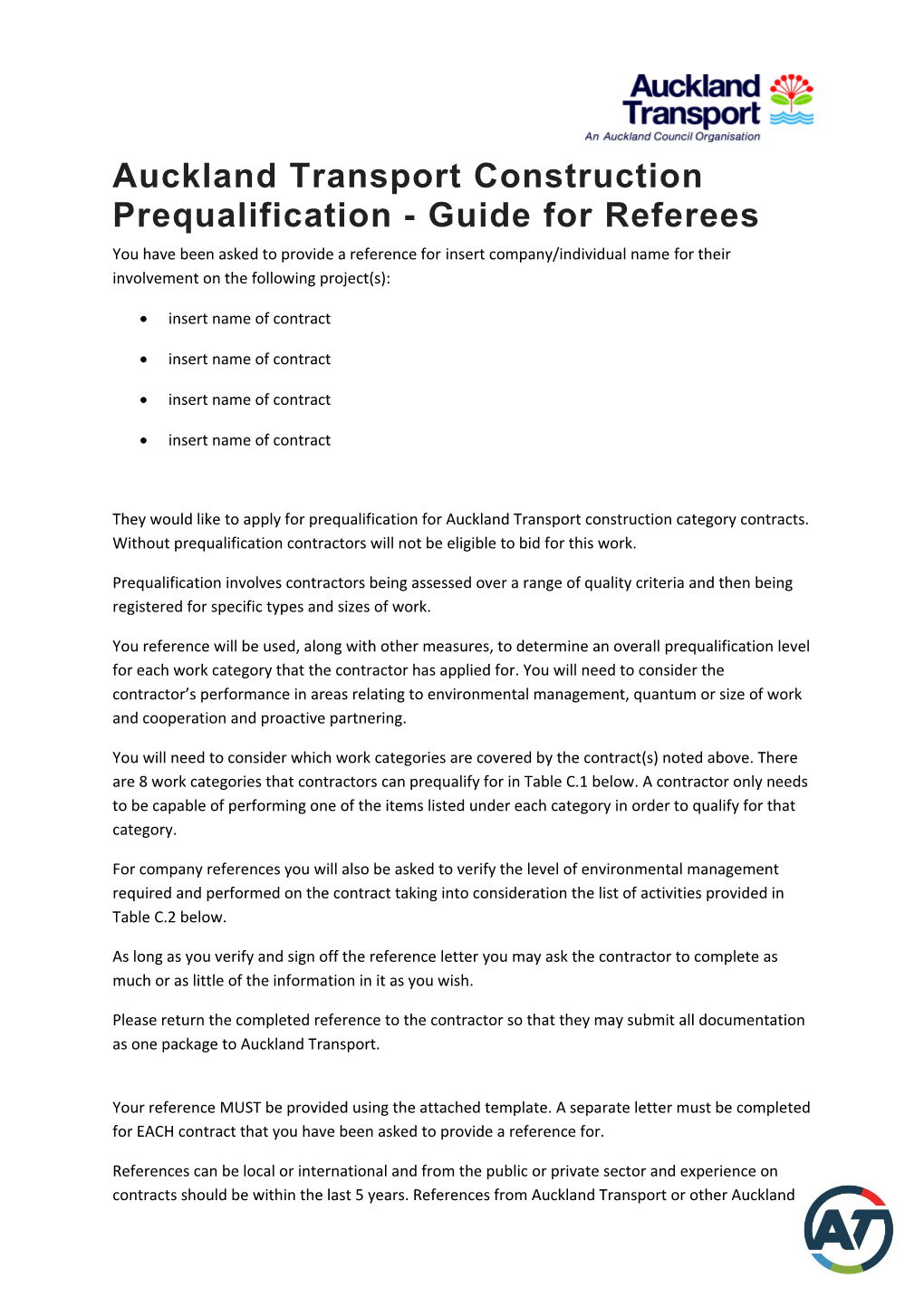 Auckland Transport Construction Prequalification - Guide for Referees