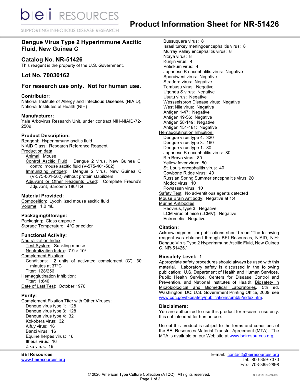 BEI Resources Product Information Sheet Catalog No. NR-51426