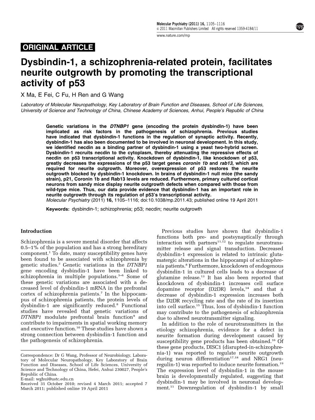 Dysbindin-1, a Schizophrenia-Related Protein, Facilitates Neurite Outgrowth