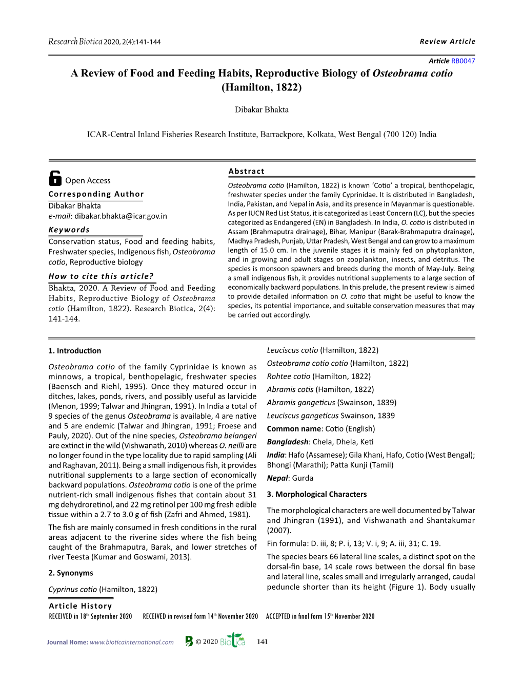 A Review of Food and Feeding Habits, Reproductive Biology of Osteobrama Cotio (Hamilton, 1822)