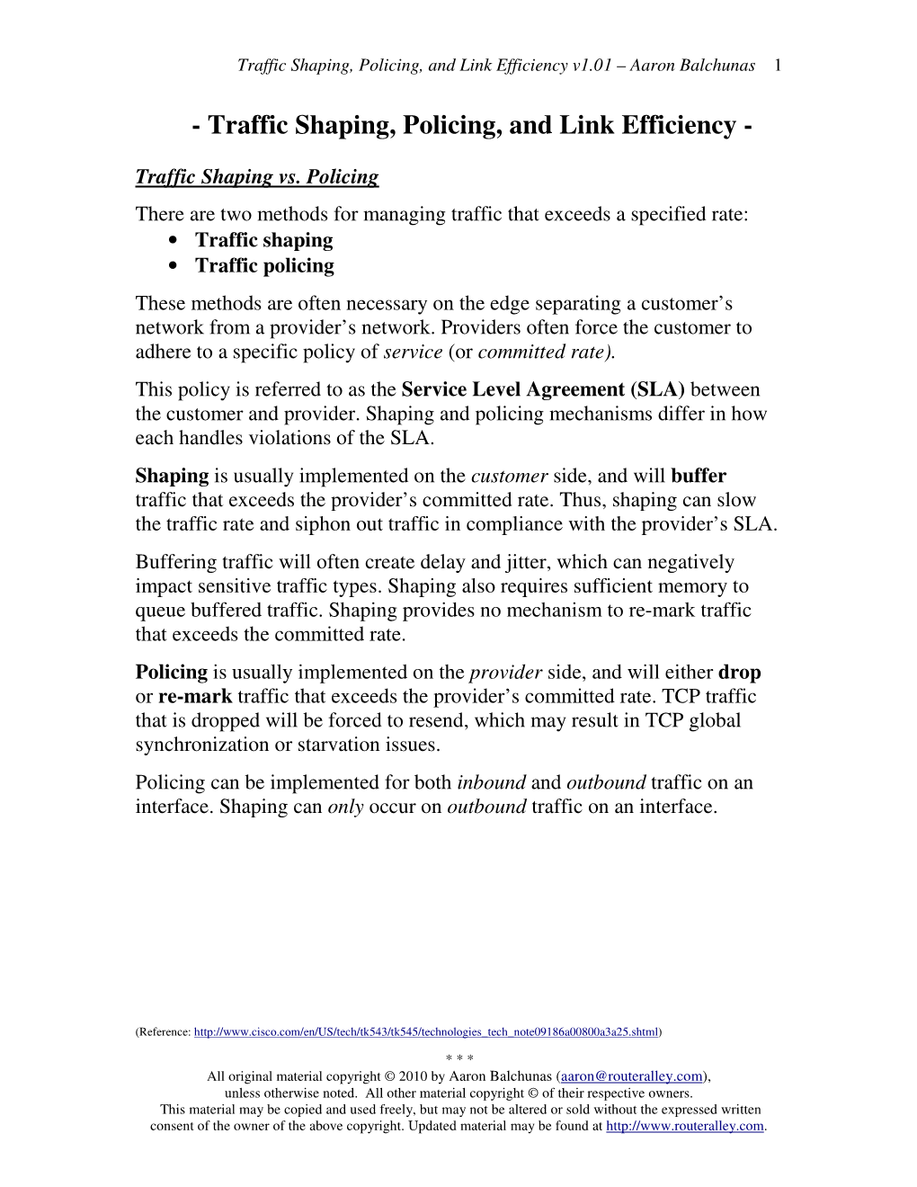 Traffic Shaping, Policing, and Link Efficiency V1.01 – Aaron Balchunas 1