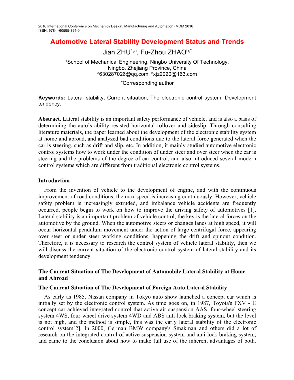 Automotive Lateral Stability Development Status and Trends