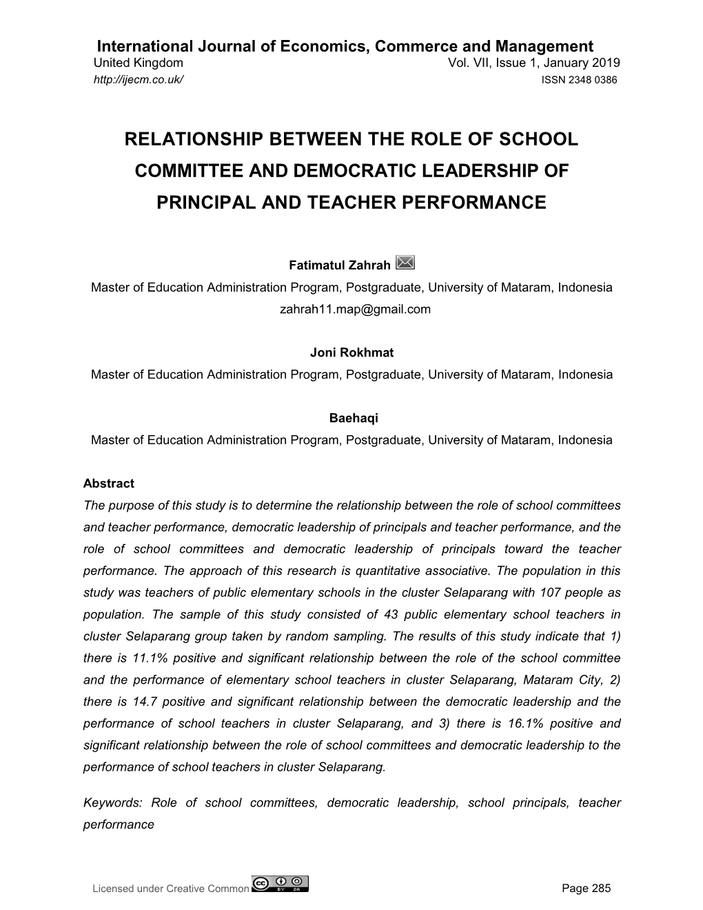 Relationship Between the Role of School Committee and Democratic Leadership of Principal and Teacher Performance