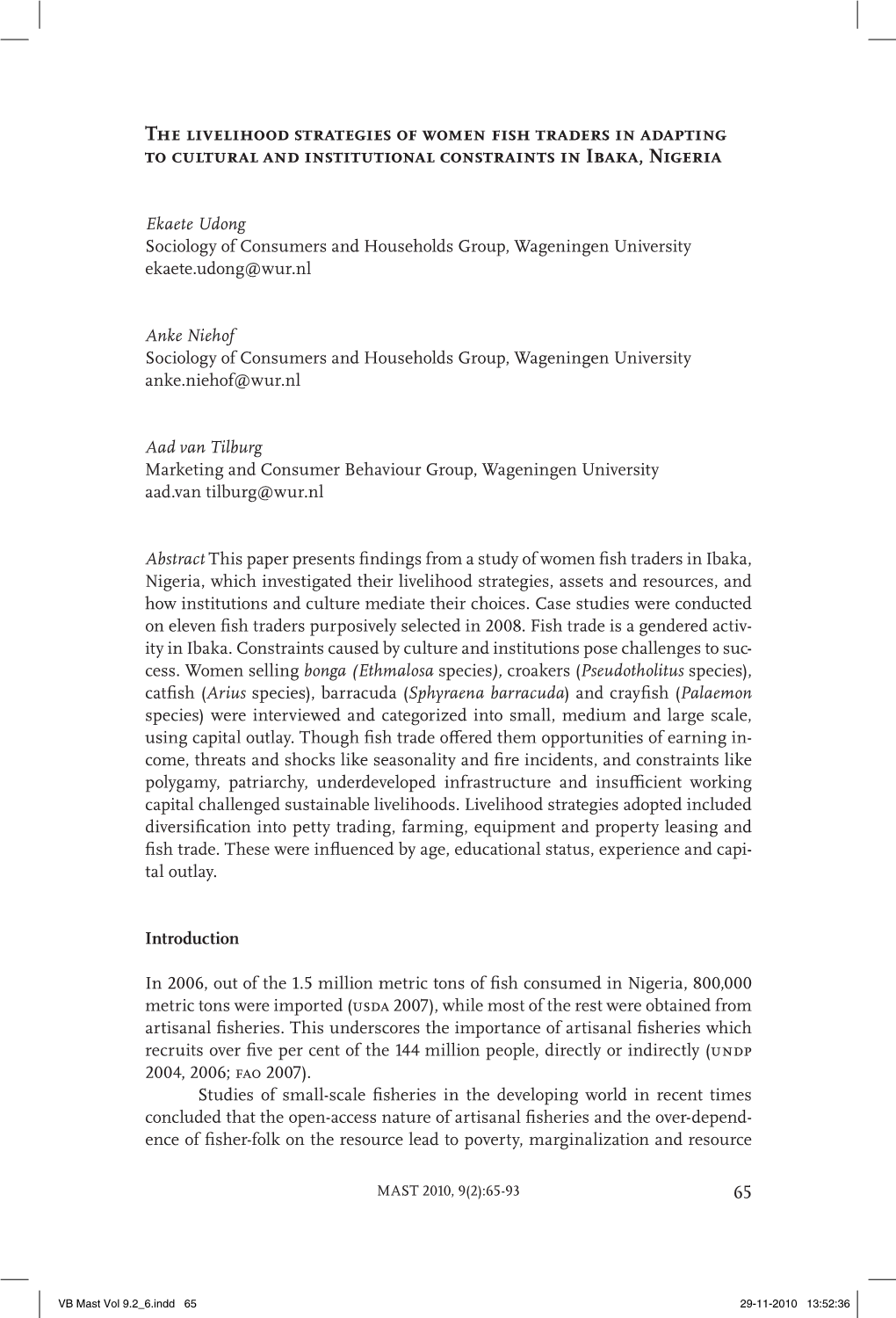 The Livelihood Strategies of Women Fish Traders in Adapting to Cultural and Institutional Constraints in Ibaka, Nigeria