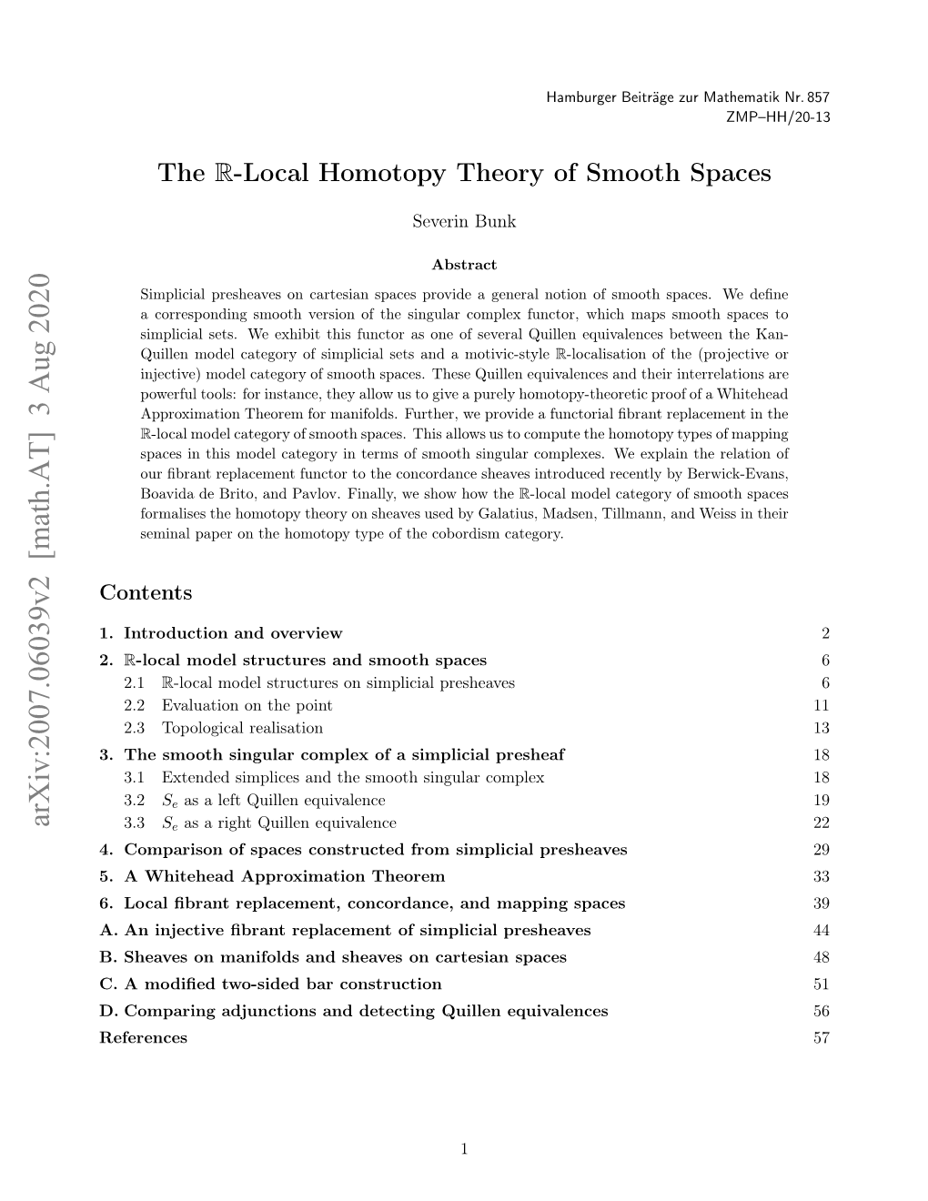 Arxiv:2007.06039V2 [Math.AT] 3 Aug 2020 .Tesot Iglrcmlxo Ipiilpresheaf Simplicial a of Complex Singular Smooth the 3