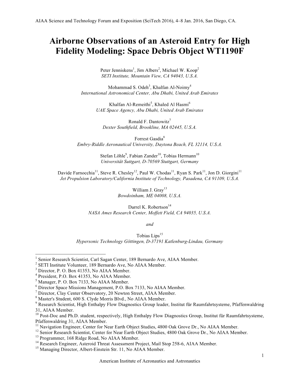 AIAA Scitech 2016 Paper on WT1190F