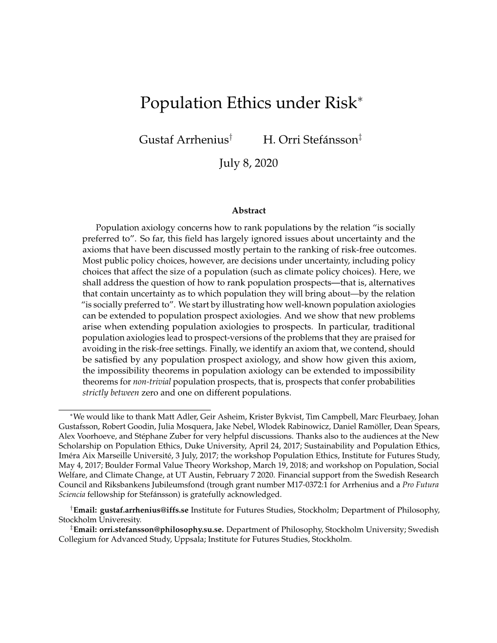 Population Ethics Under Risk∗