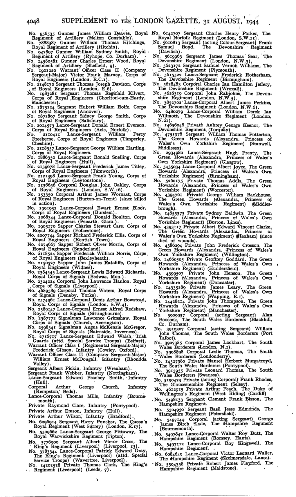 4048 Supplement to the London 'Gazette, 31 August,' 1944