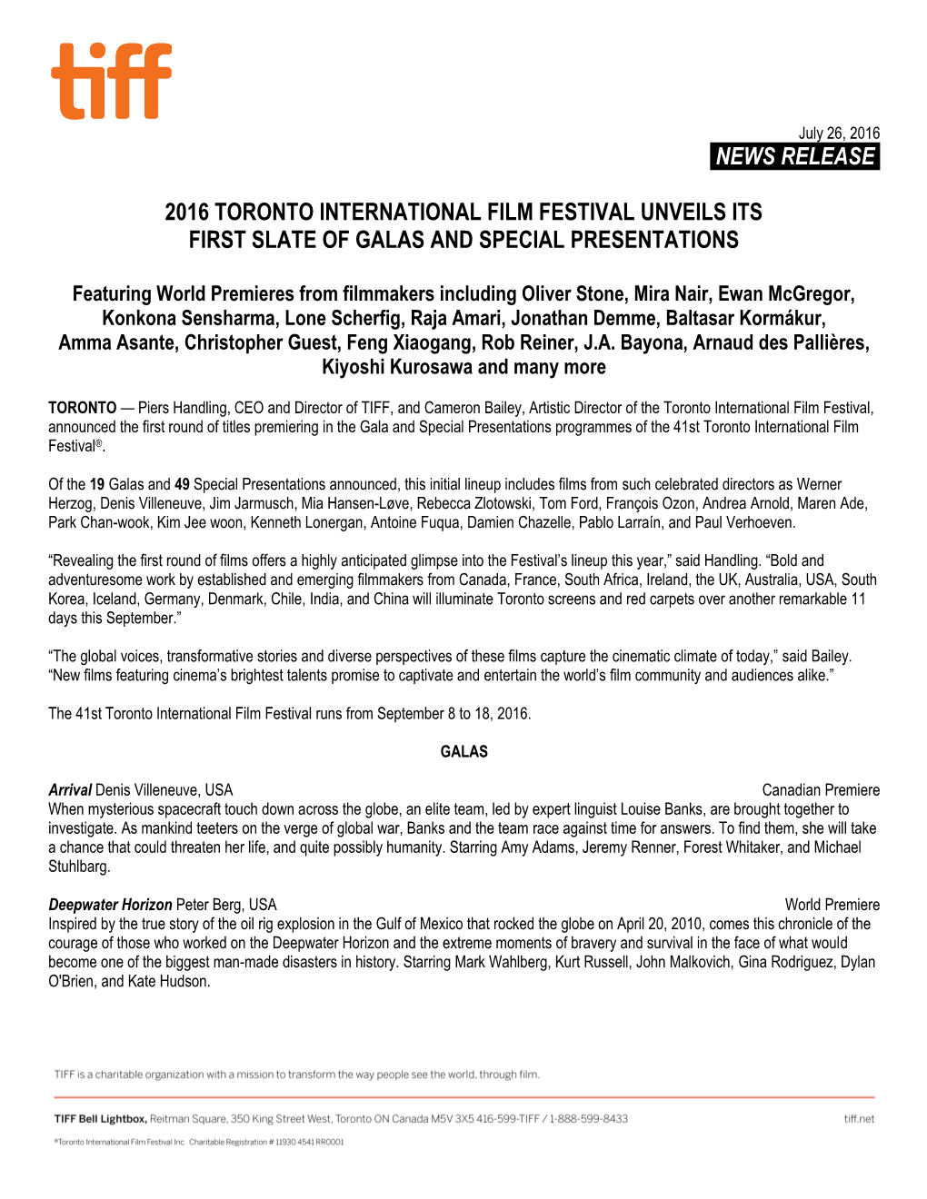 News Release. 2016 Toronto International Film Festival