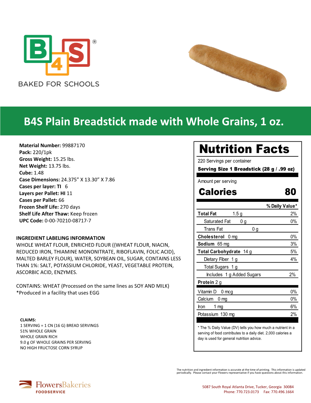 B4S Plain Breadstick Made with Whole Grains, 1 Oz