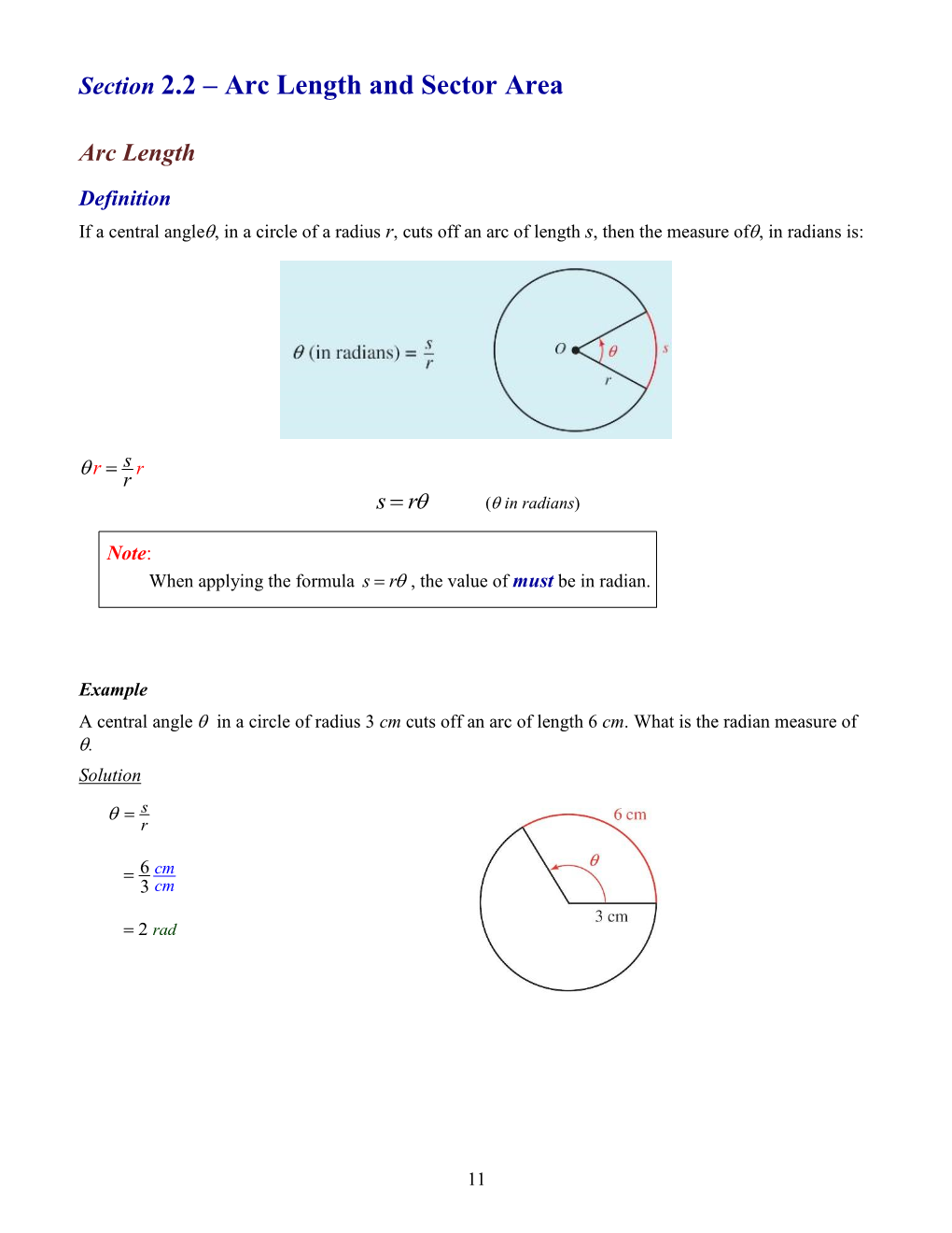 Section 2.2 – Arc Length and Sector Area