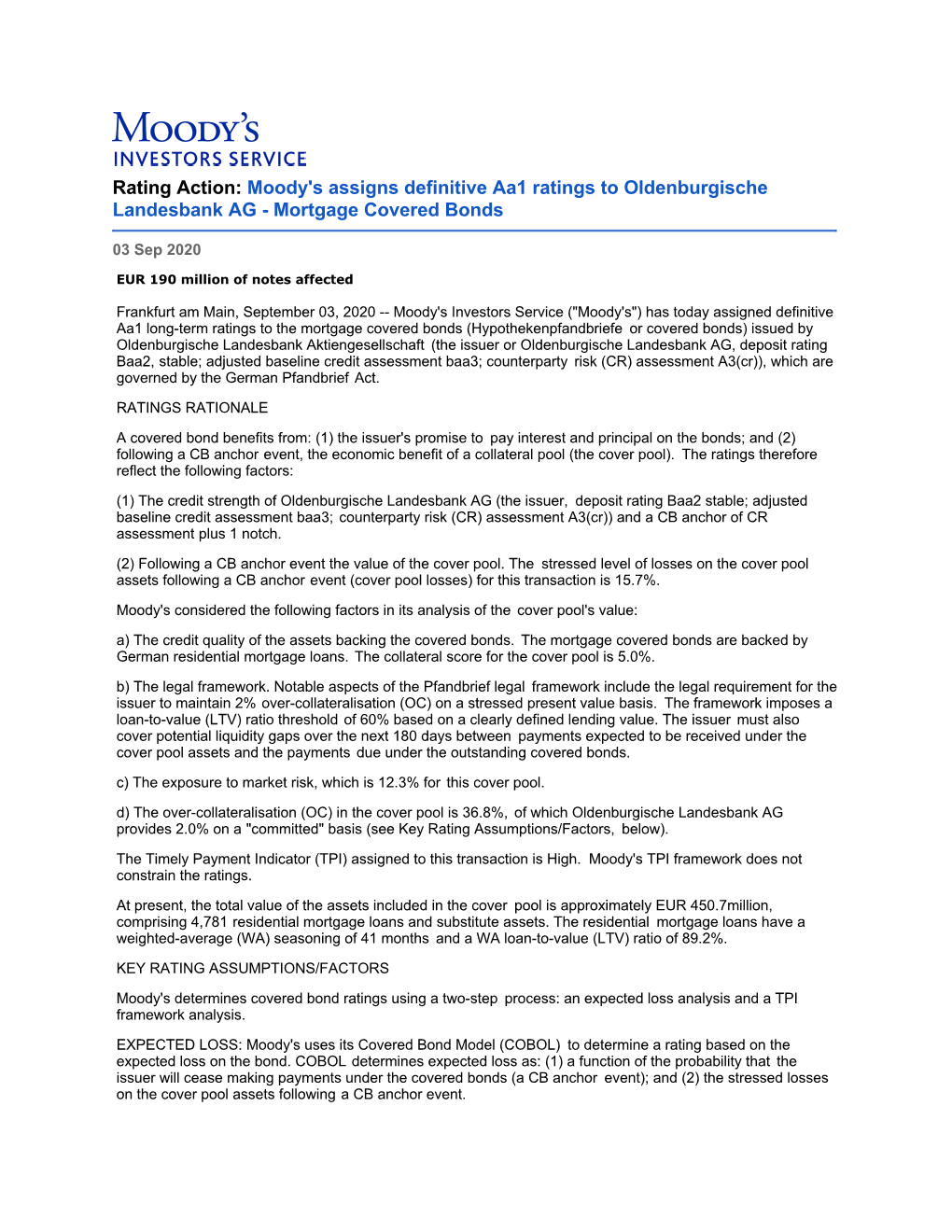 Moody's Assigns Definitive Aa1 Ratings to Oldenburgische Landesbank AG - Mortgage Covered Bonds
