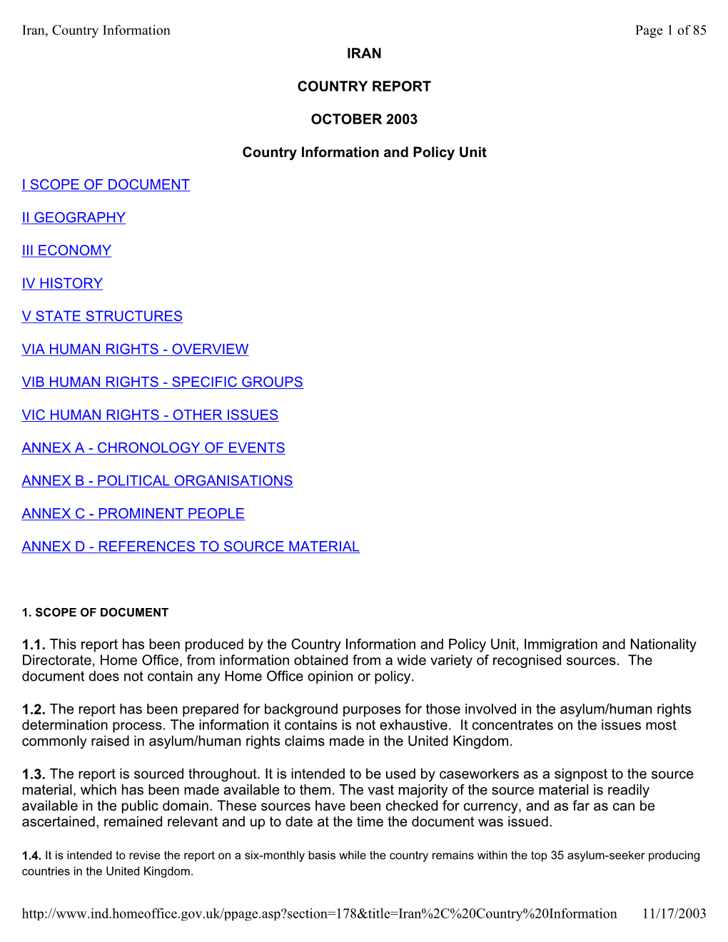 Country of Origin Information Report: Iran October 2003