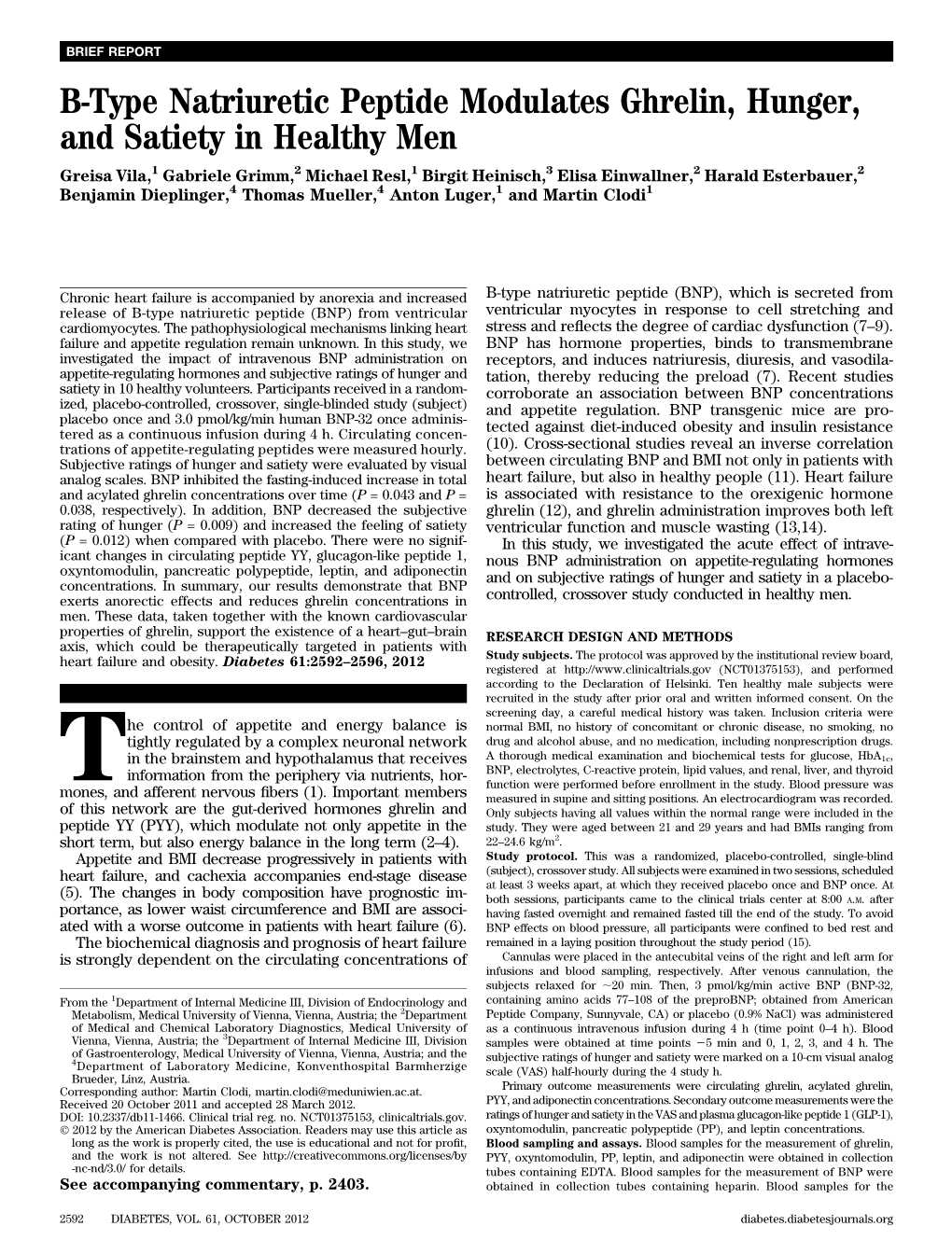 B-Type Natriuretic Peptide Modulates Ghrelin, Hunger, and Satiety In