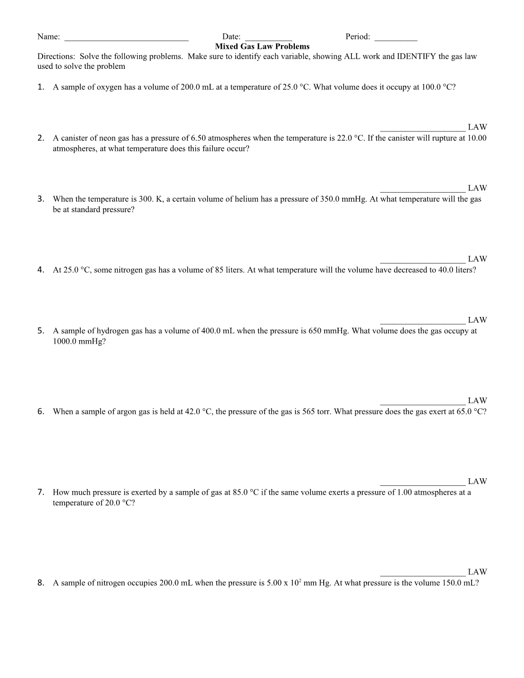 Mixed Gas Law Problems