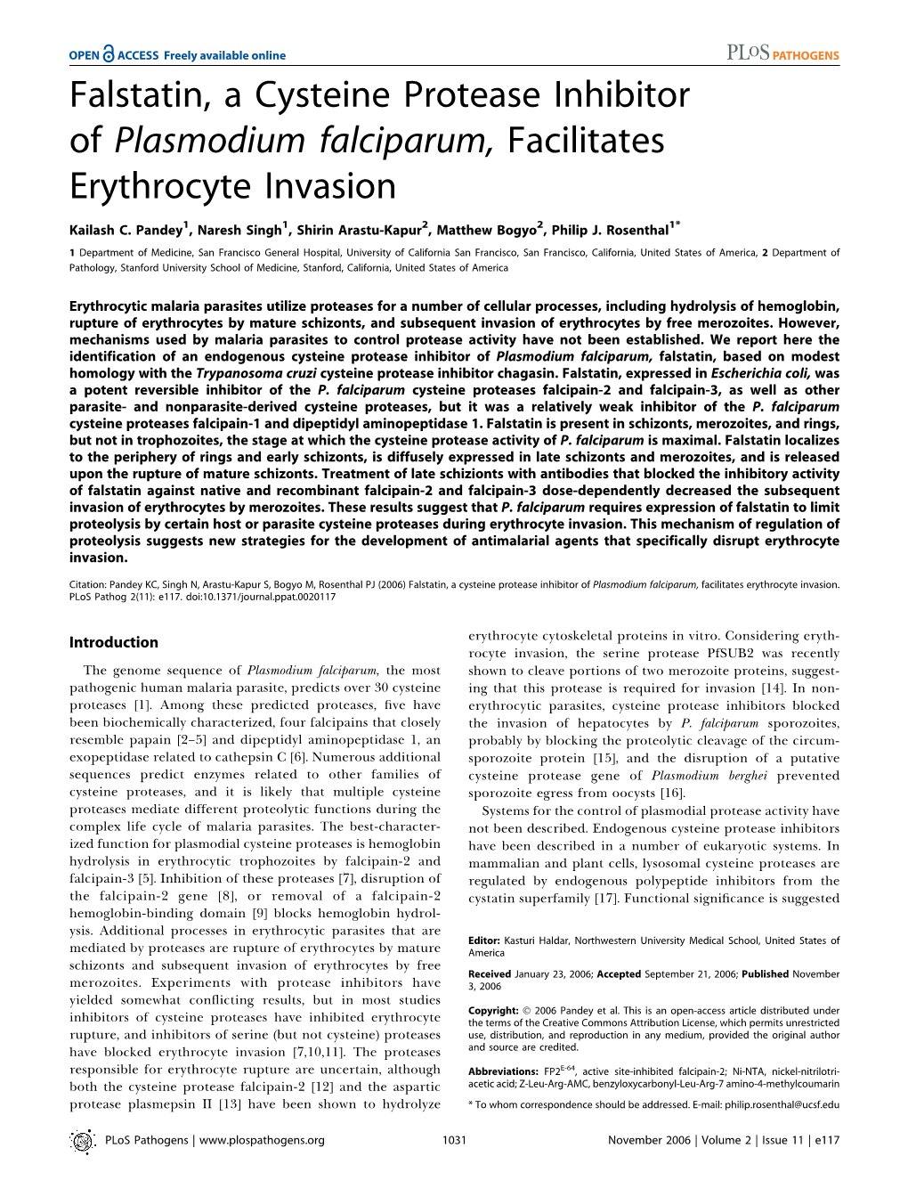 Falstatin, a Cysteine Protease Inhibitor of Plasmodium Falciparum, Facilitates Erythrocyte Invasion