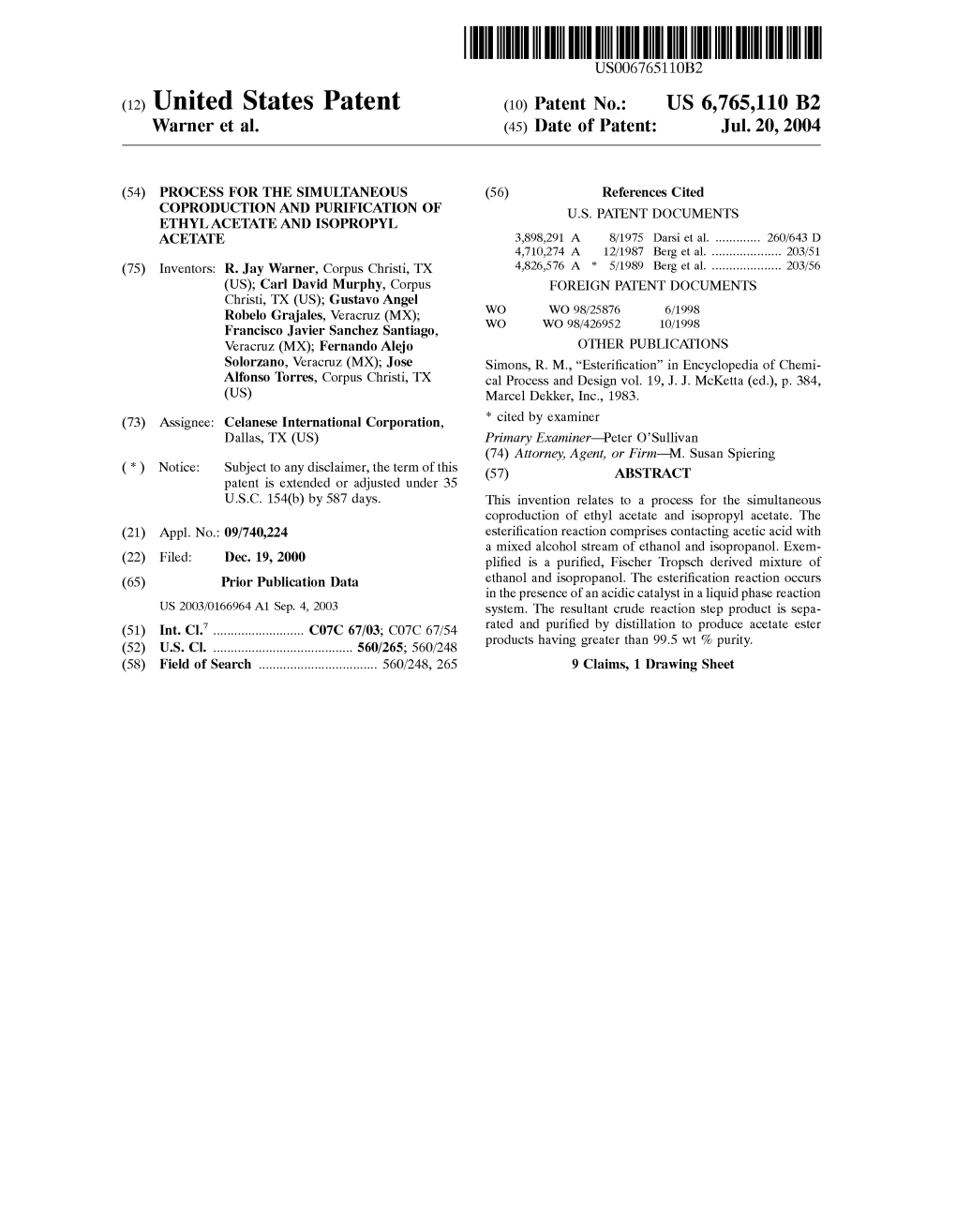 (12) United States Patent (10) Patent No.: US 6,765,110 B2 Warner Et Al