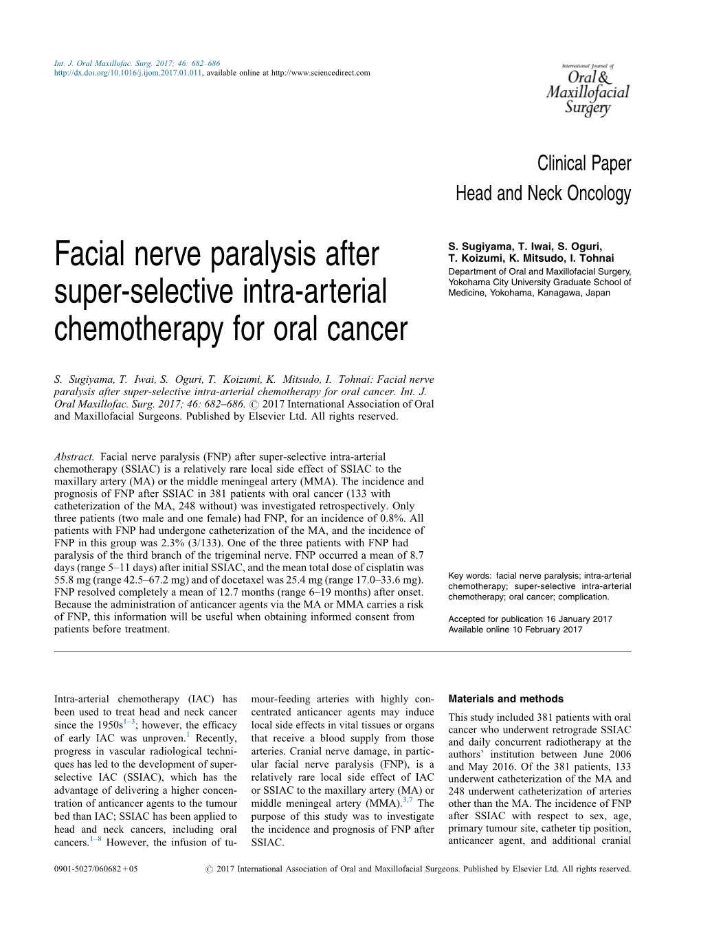 Facial Nerve Paralysis After Super-Selective Intra-Arterial Chemotherapy for Oral Cancer